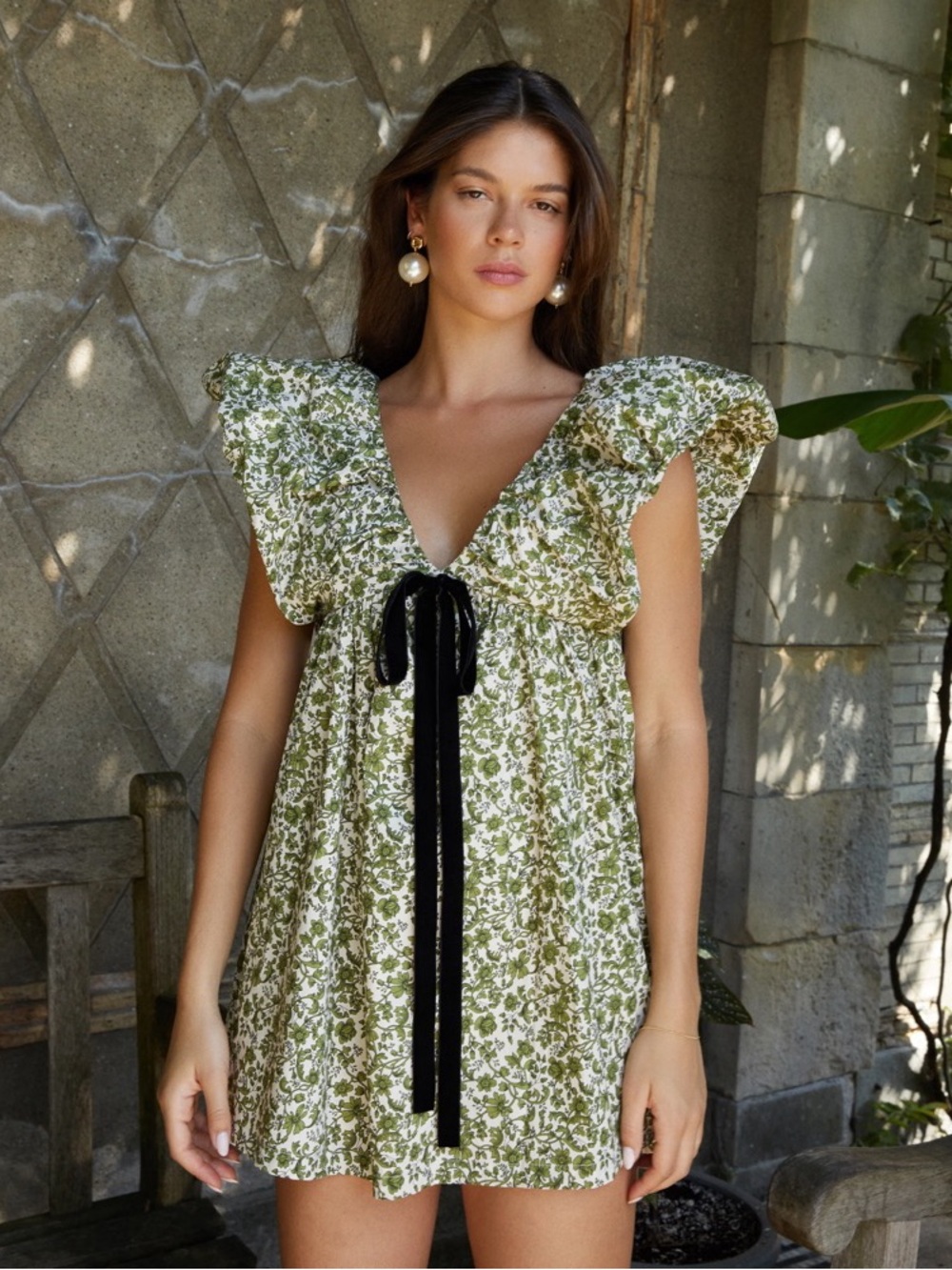 O.P.T. Didi Floral Ruffled Mini Dress Green Botanical Print Velvet Bow Size S